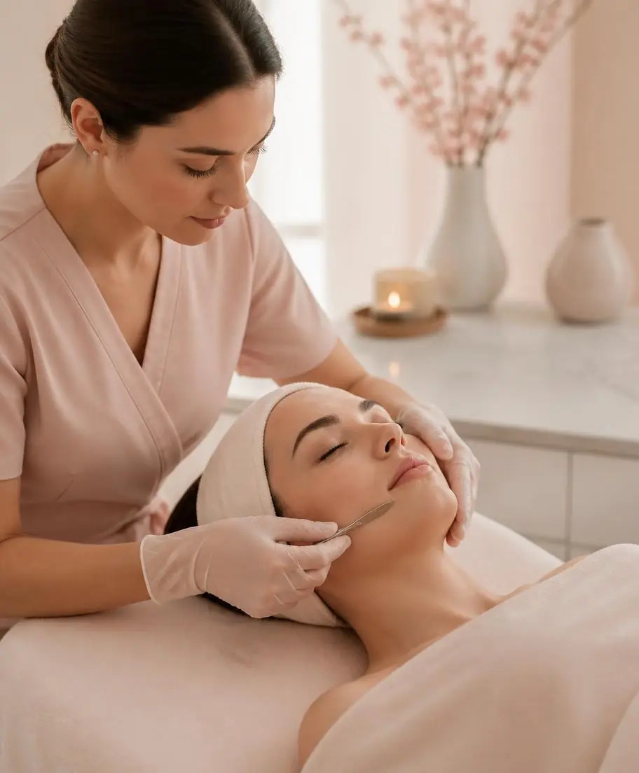Therapist performing a dermaplaning facial treatment